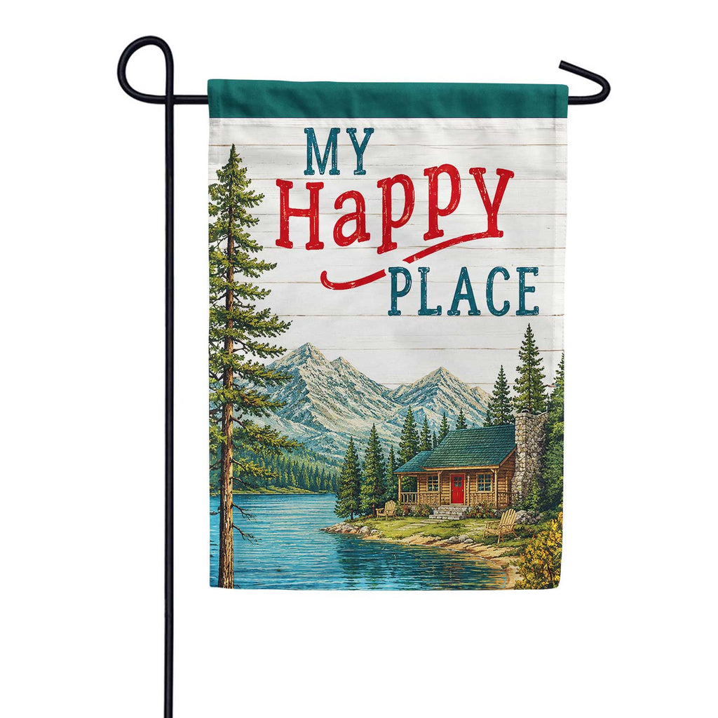 America Forever My Happy Place Mountain Cabin Lake Scene Garden Flag