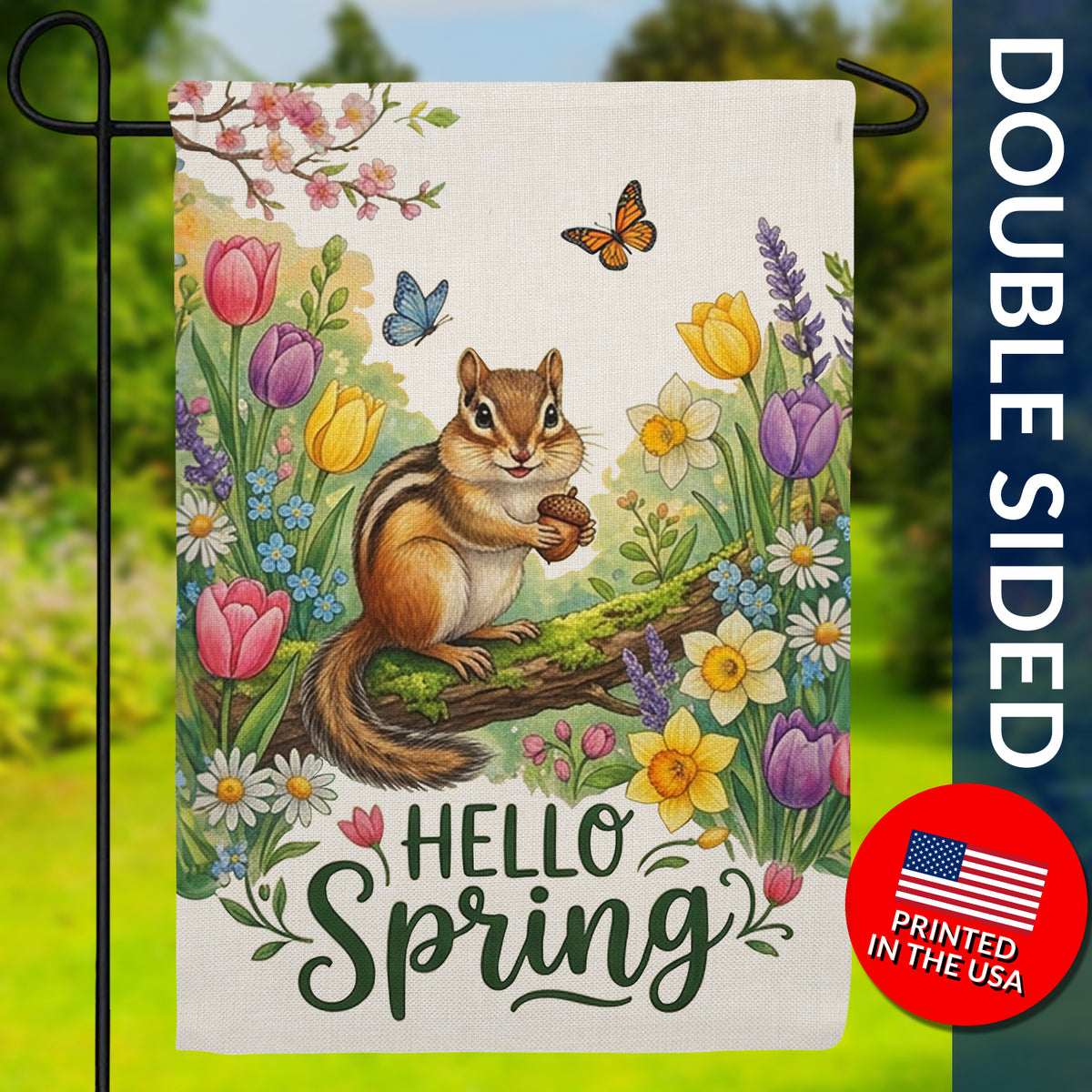 Hello Spring Chipmunk with Tulips and Butterflies Burlap Garden Flag