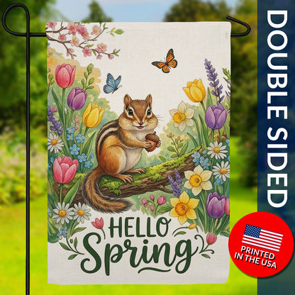 Hello Spring Chipmunk with Tulips and Butterflies Burlap Garden Flag