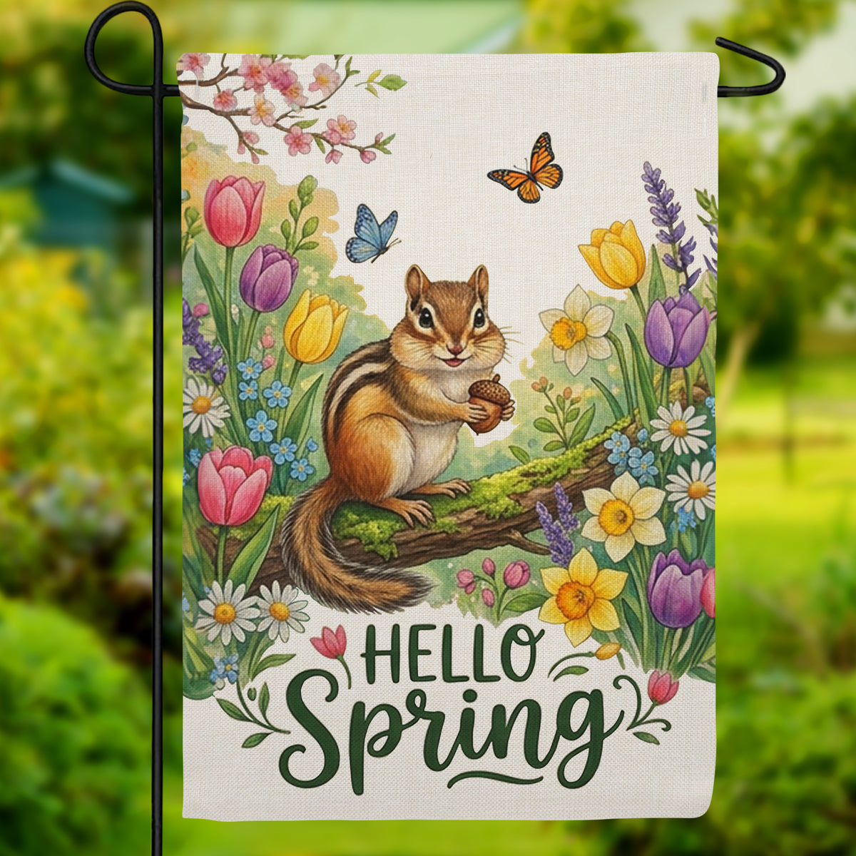 Hello Spring Chipmunk with Tulips and Butterflies Burlap Garden Flag