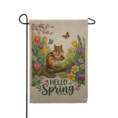Hello Spring Chipmunk with Tulips and Butterflies Burlap Garden Flag