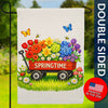 Springtime Red Wagon with Colorful Flowers Burlap Garden Flag
