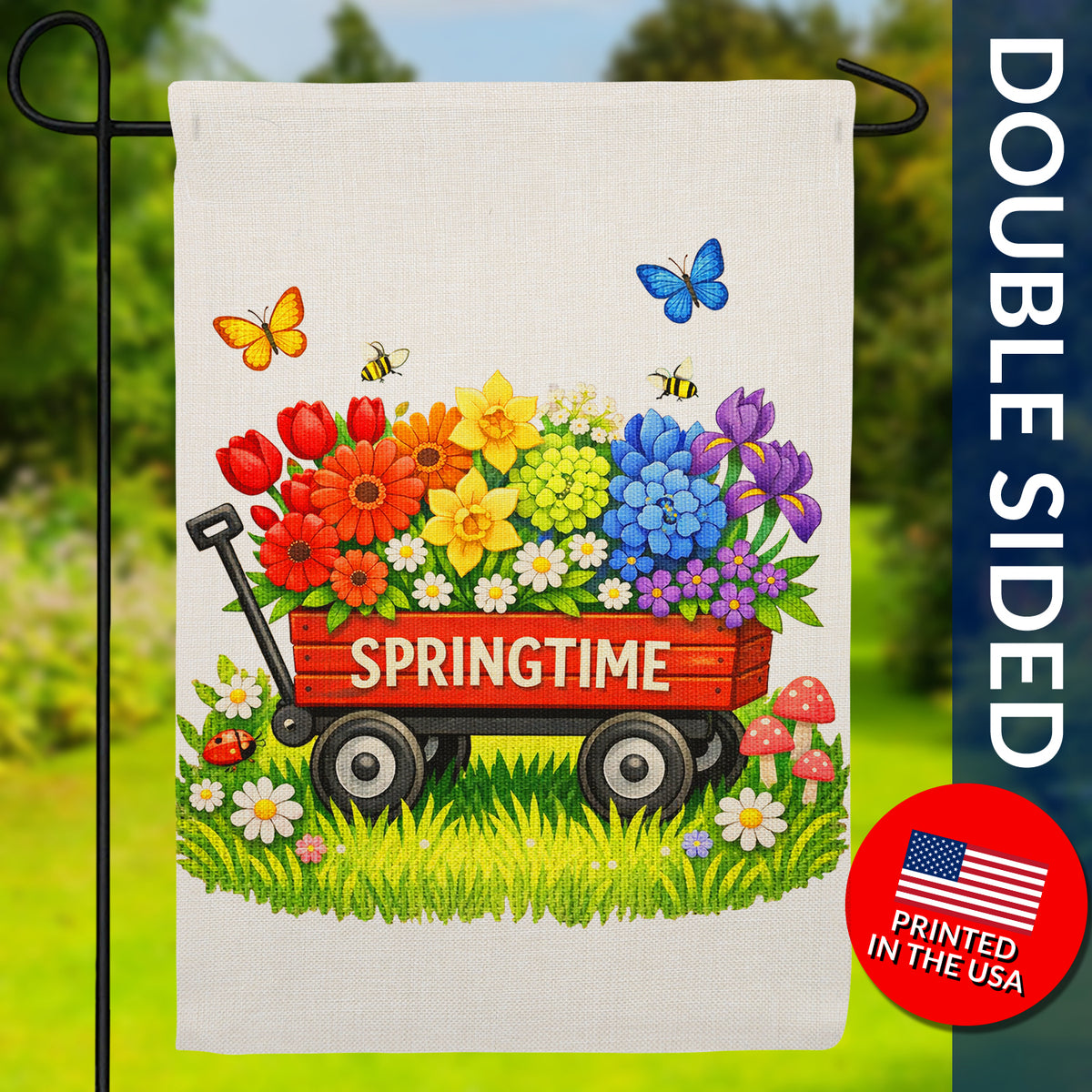 Springtime Red Wagon with Colorful Flowers Burlap Garden Flag