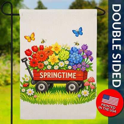 Springtime Red Wagon with Colorful Flowers Burlap Garden Flag