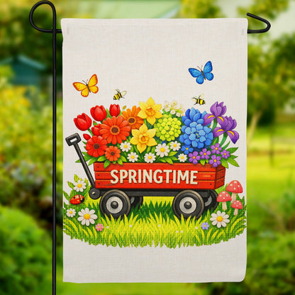 Springtime Red Wagon with Colorful Flowers Burlap Garden Flag