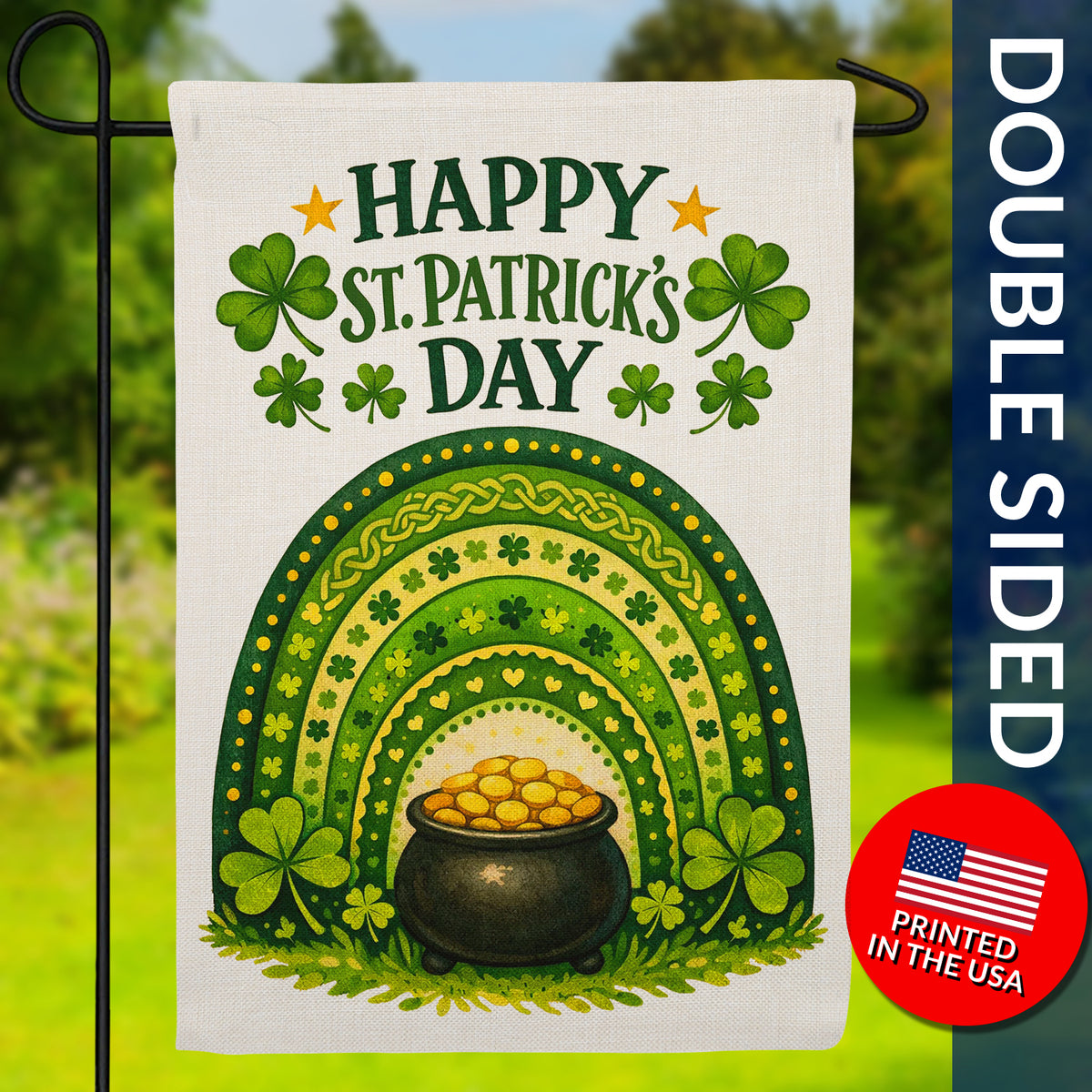 Happy St. Patrick's Day Rainbow Pot of Gold Burlap Garden Flag