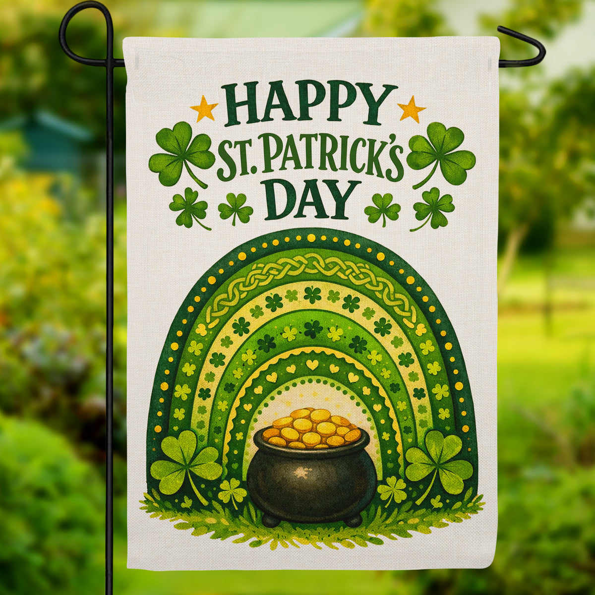 Happy St. Patrick's Day Rainbow Pot of Gold Burlap Garden Flag