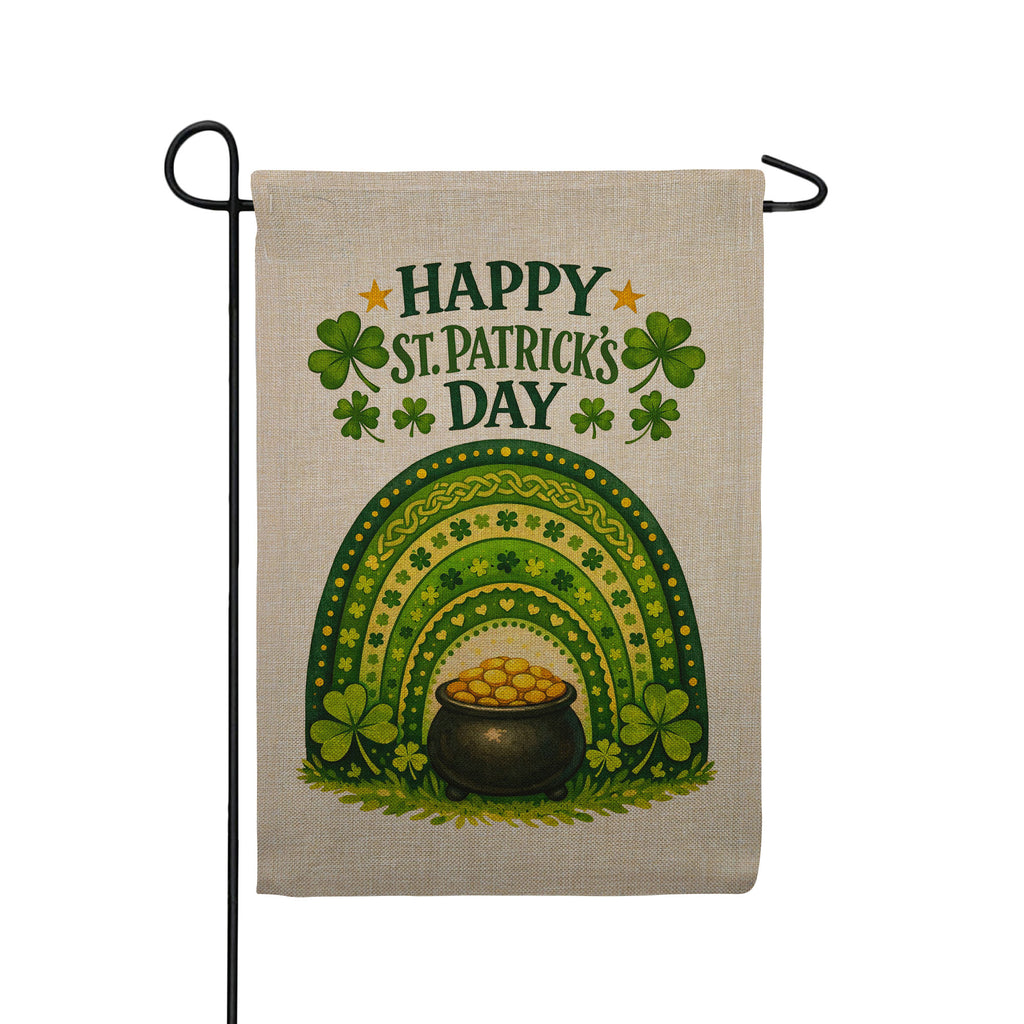 Happy St. Patrick's Day Rainbow Pot of Gold Burlap Garden Flag