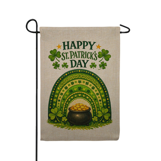 Happy St. Patrick's Day Rainbow Pot of Gold Burlap Garden Flag