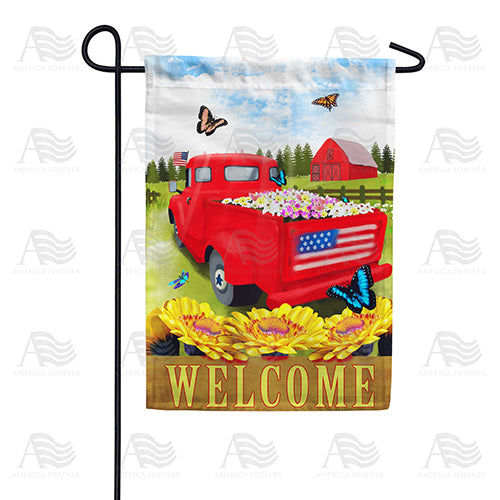 America Forever Red Truck Welcome Patriotic Garden Flag