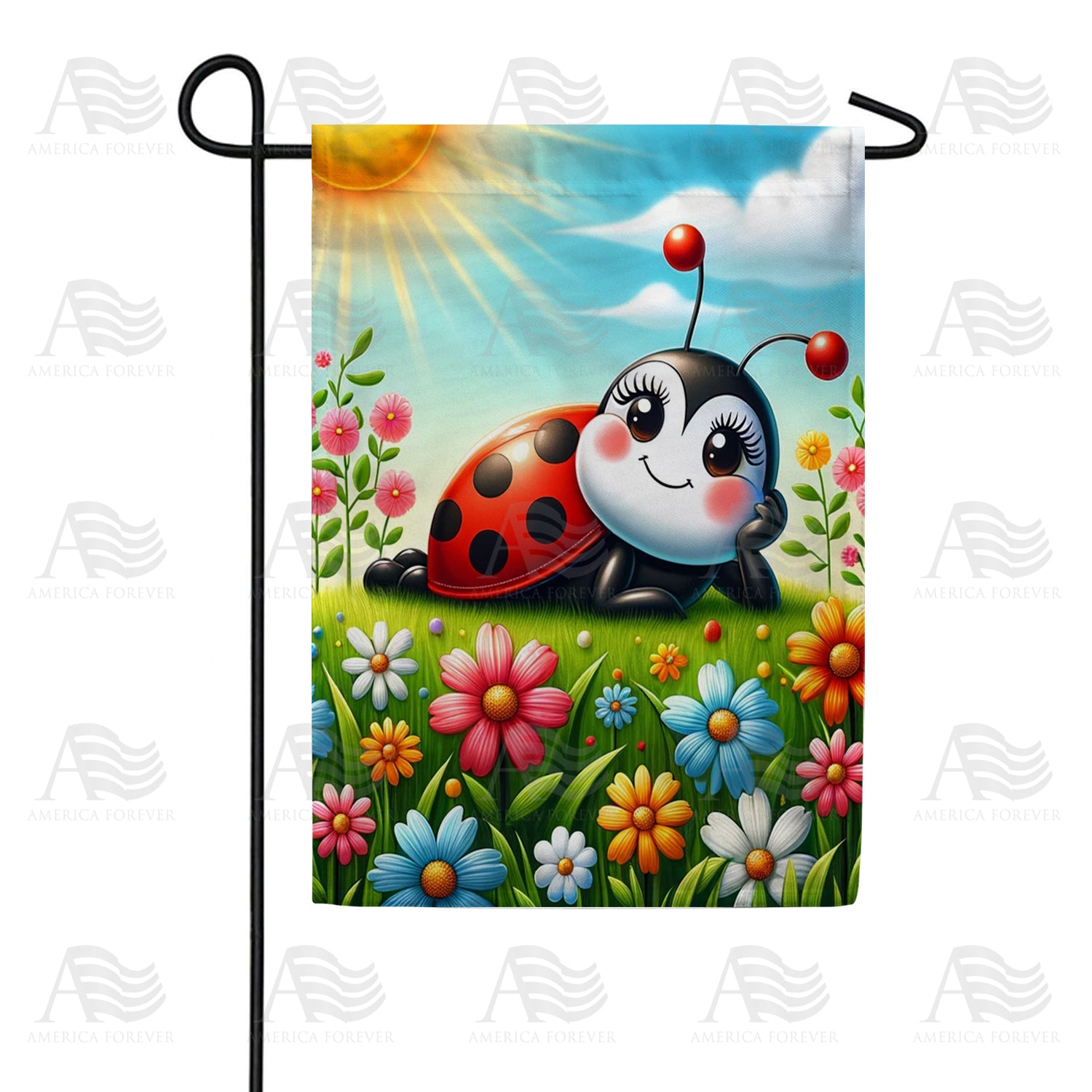 America Forever Cheerful Ladybug in Sunny Meadow Garden Flag