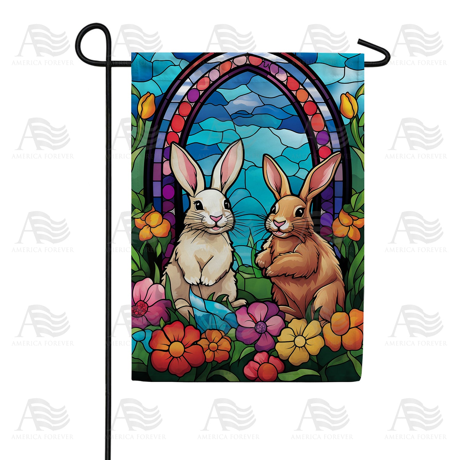 America Forever Stained Glass Bunnies and Blooms Garden Flag