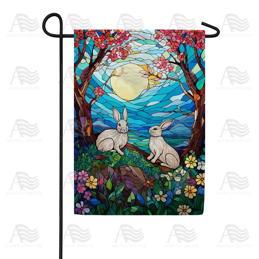 America Forever Moonlit Stained Glass Bunnies Garden Flag