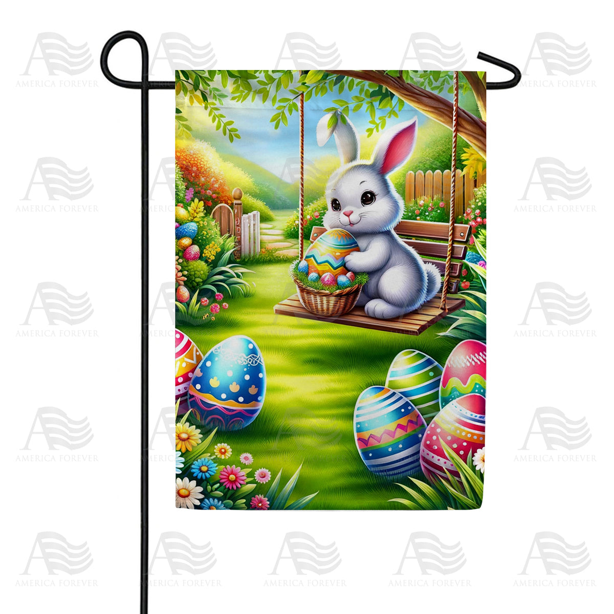 America Forever Bunny on Swing with Easter Eggs Garden Flag