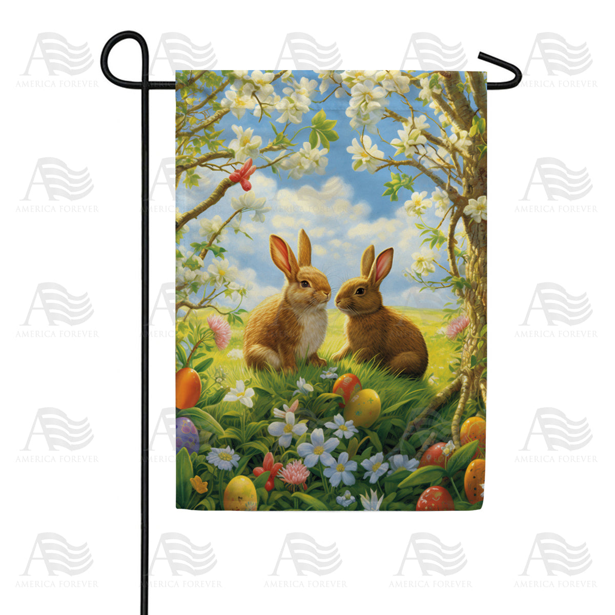 America Forever Bunnies Amidst Spring Blossoms Garden Flag