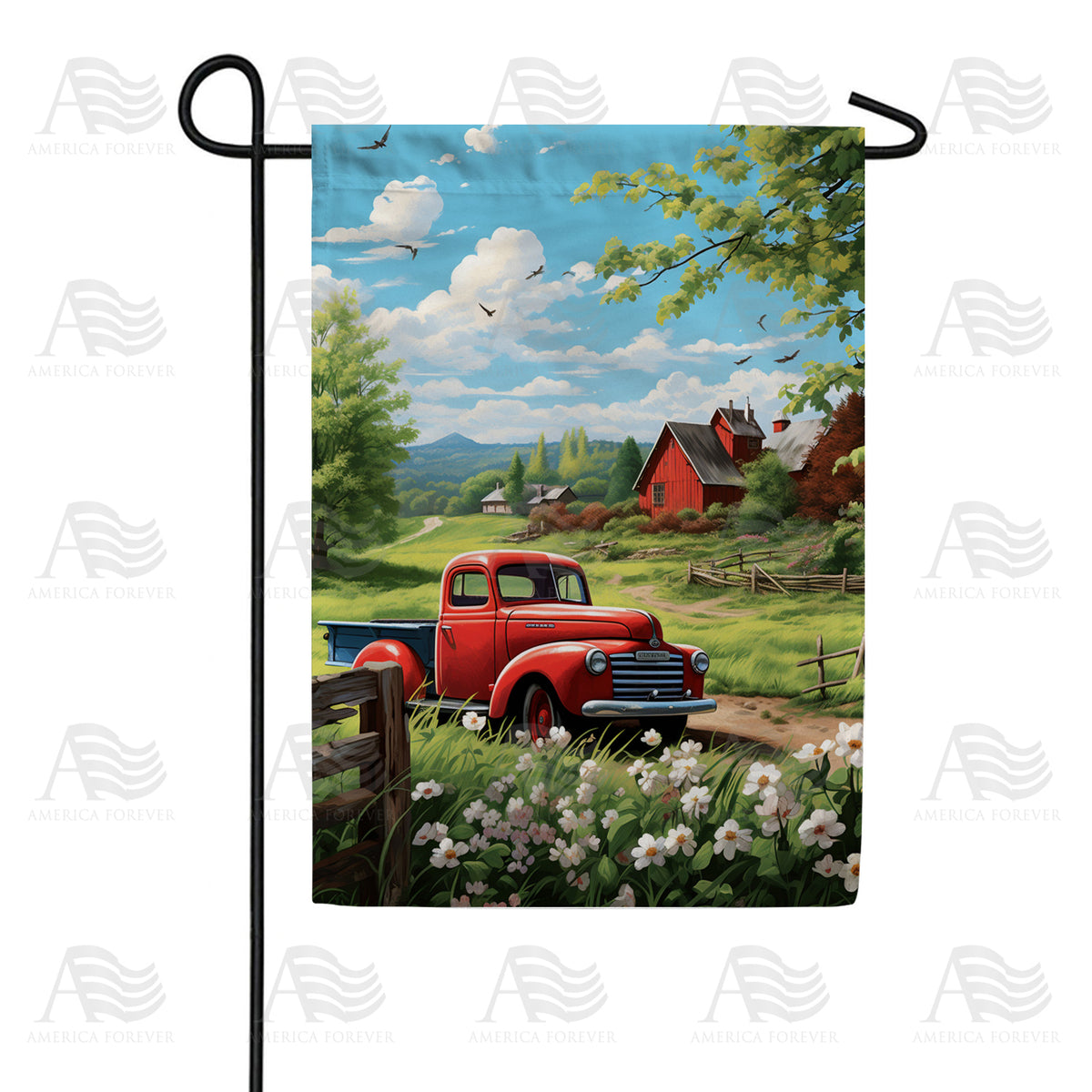 America Forever Vintage Red Truck in Countryside Garden Flag