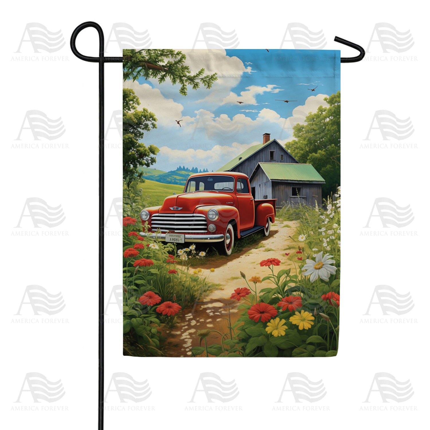 America Forever Red Pickup in Rural Bliss Garden Flag