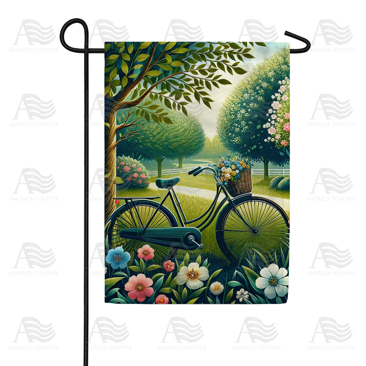 America Forever Springtime Bicycle and Blooming Garden Garden Flag