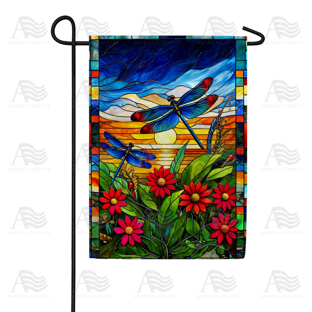 America Forever Stained Glass Dragonflies Garden Flag