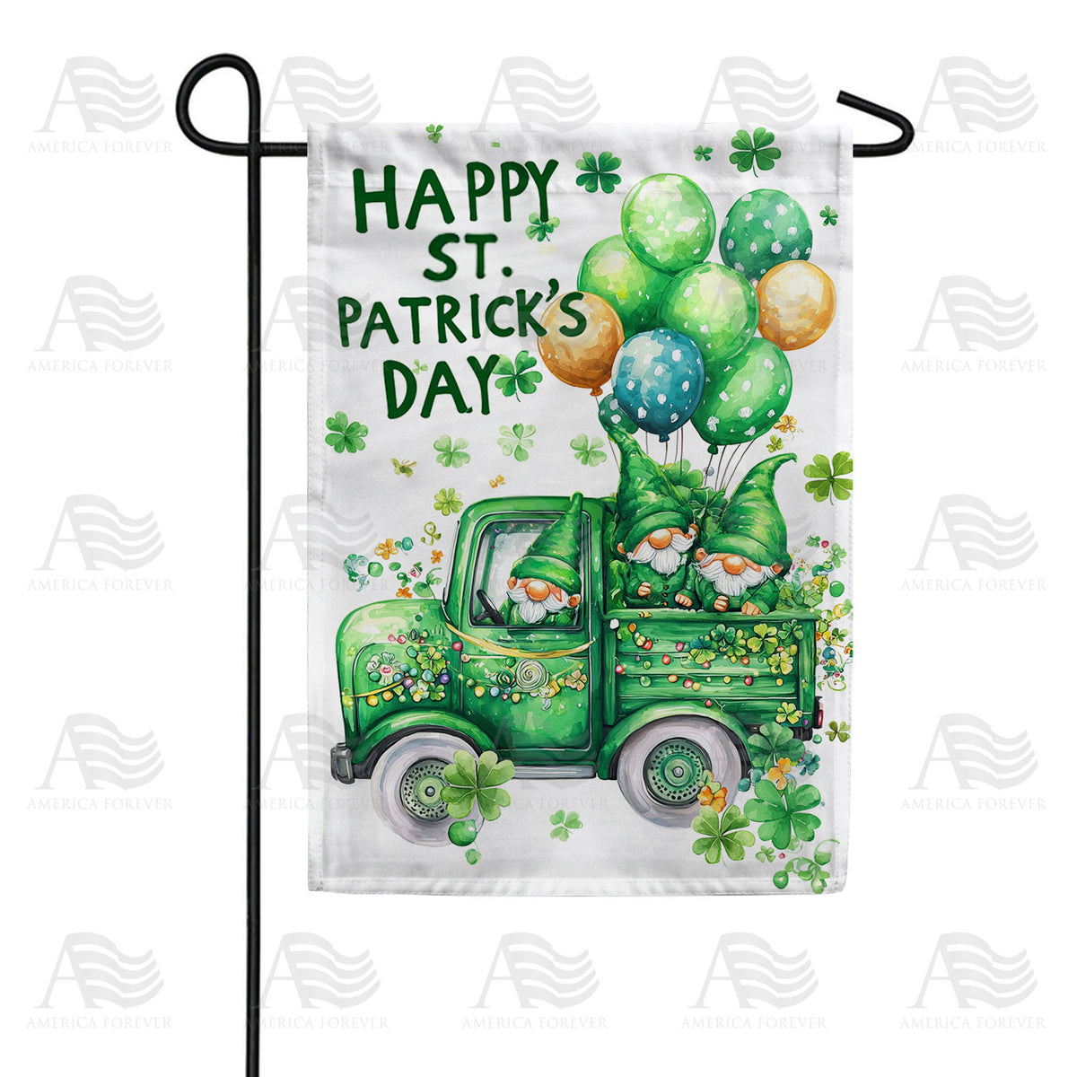 America Forever Happy St. Patrick's Day Gnome Truck Garden Flag
