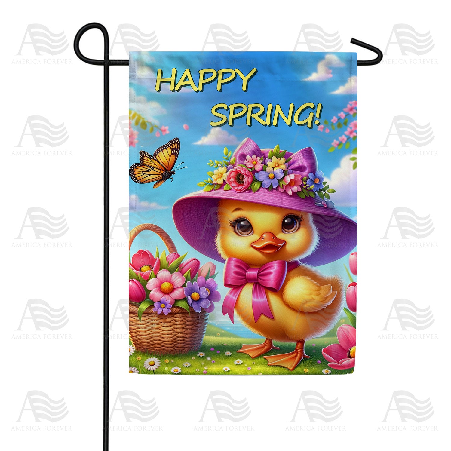 America Forever Happy Spring Duck with Flowers Garden Flag