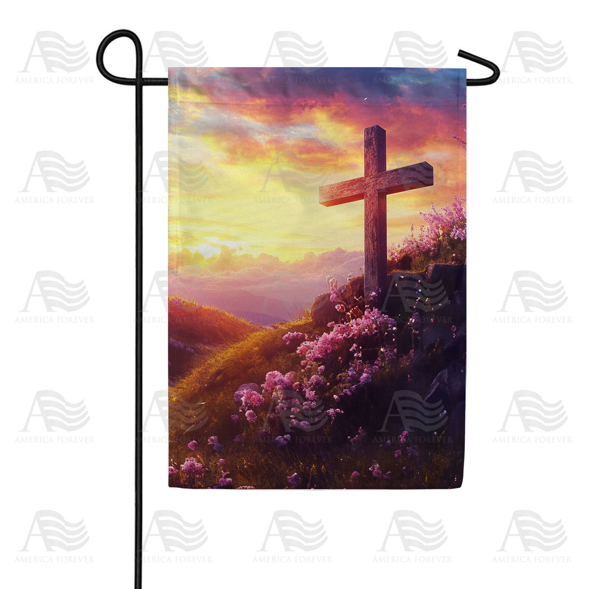 America Forever Sunset Cross with Wildflowers Garden Flag