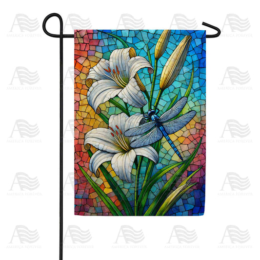 Stained Glass Lily and Dragonfly Garden Flag