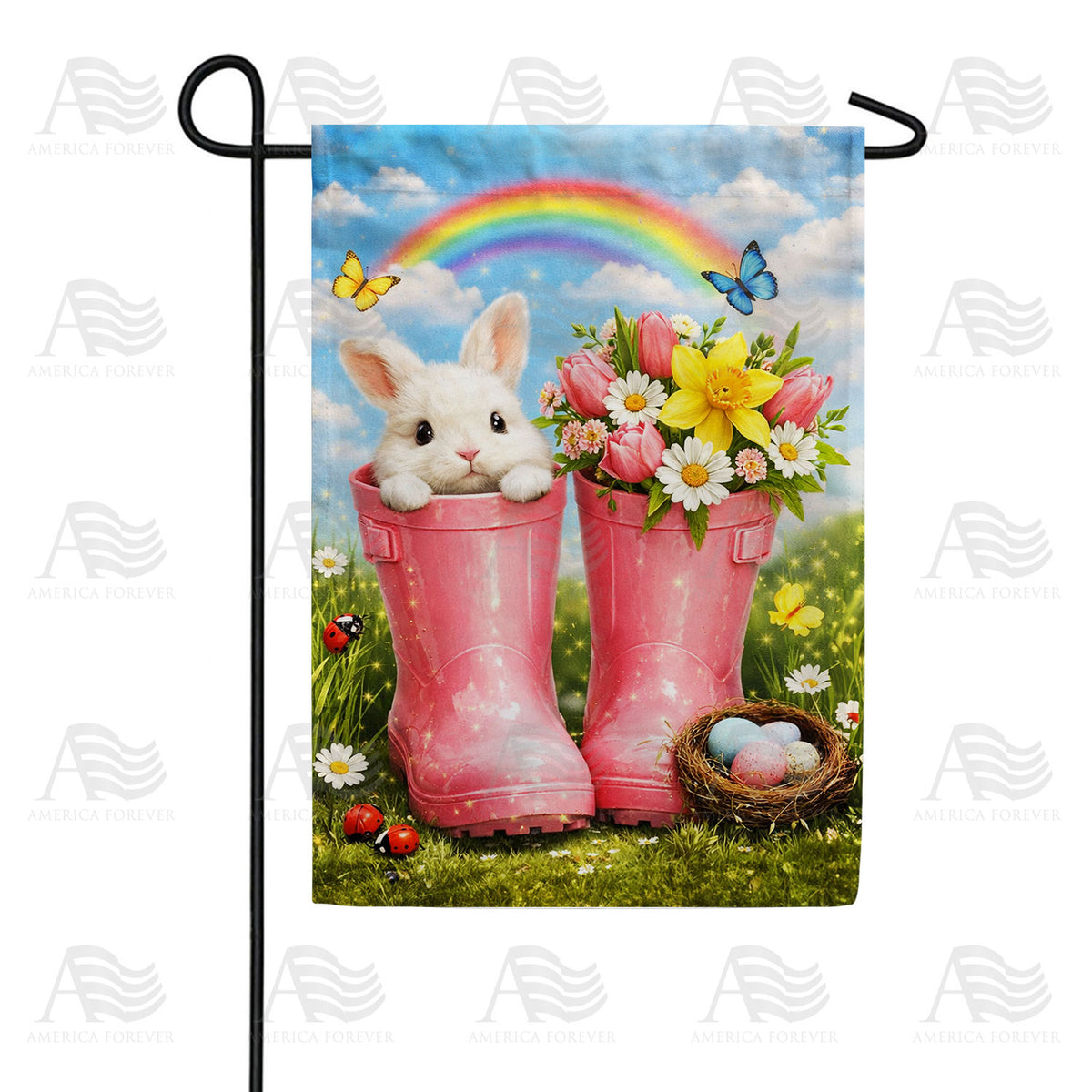 Spring Easter Bunny Rainbow Boots Flowers Garden Flag