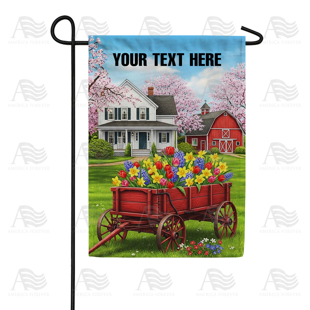 Personalized Spring Farmhouse Red Wagon Double Sided Garden Flag