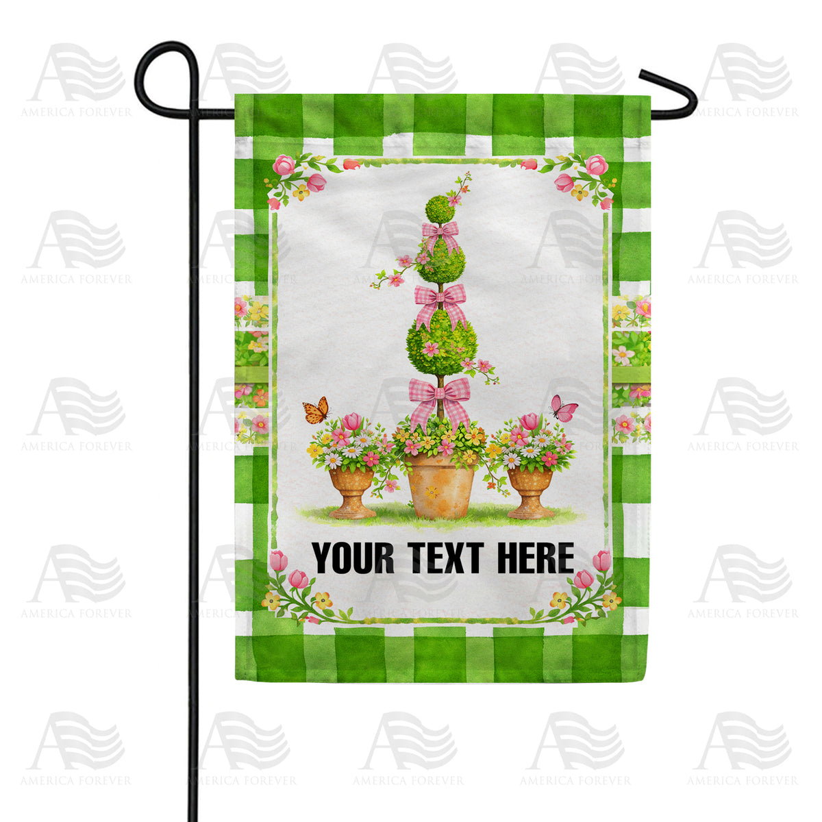 Personalized Spring Topiary with Pink Bows Double Sided Garden Flag