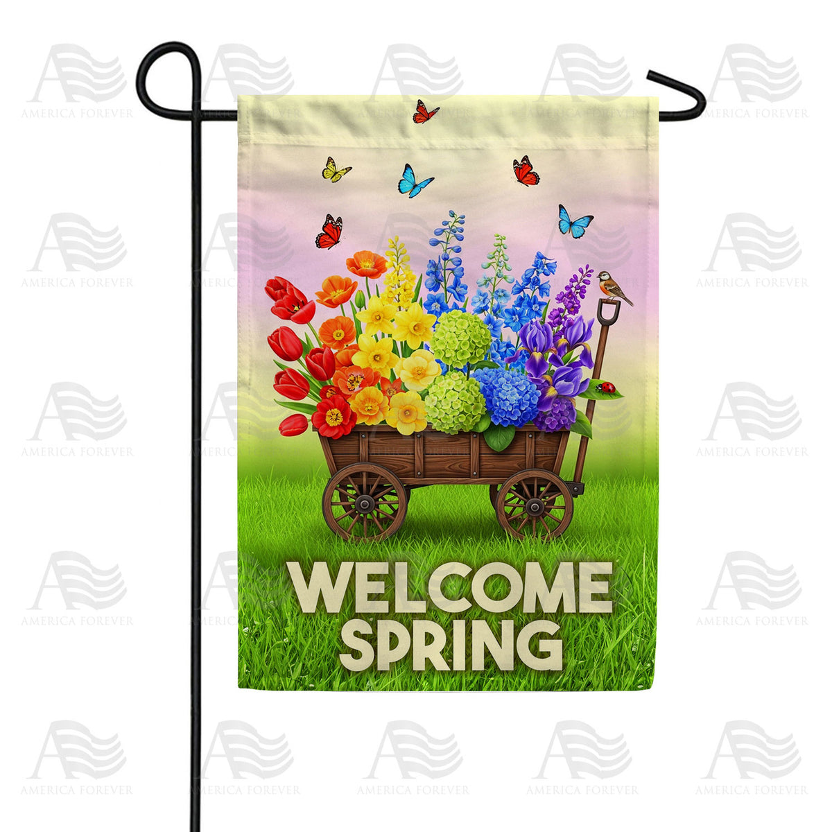 Welcome Spring Flower Wagon with Butterflies Garden Flag
