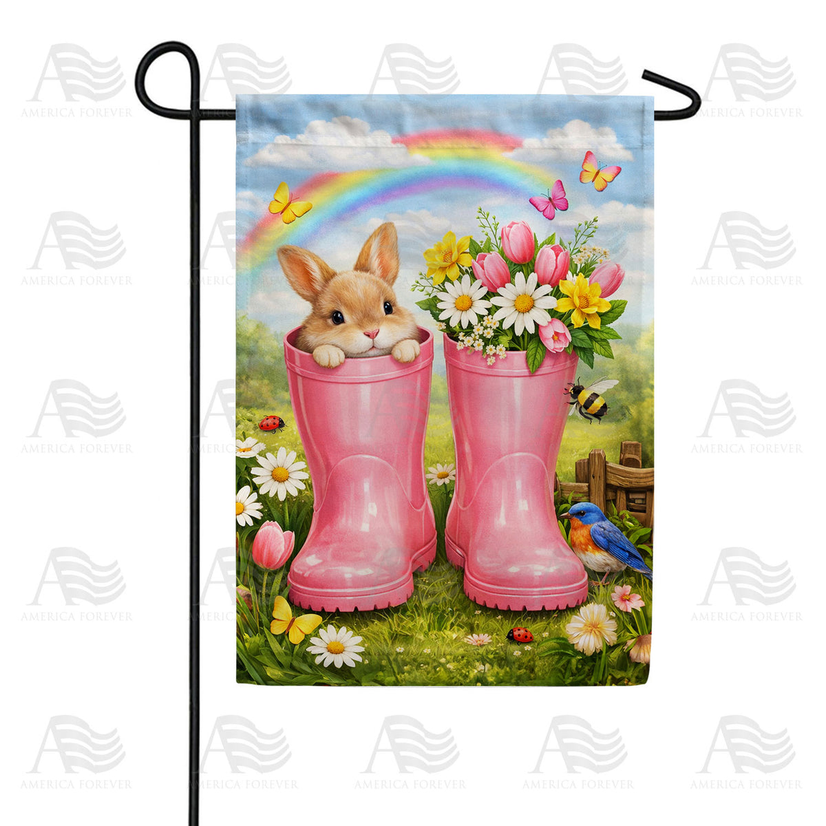 Spring Bunny in Pink Rain Boots Garden Flag