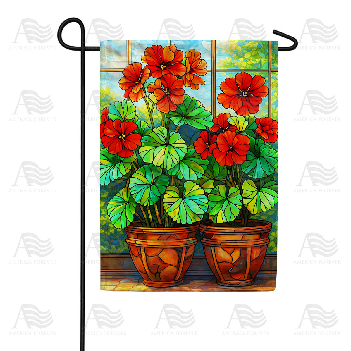 Stained Glass Geraniums in Terra Cotta Pots Garden Flag