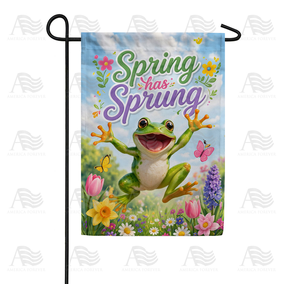 Spring Has Sprung Frog with Flowers Double Sided Garden Flag - 12.5" x 18"