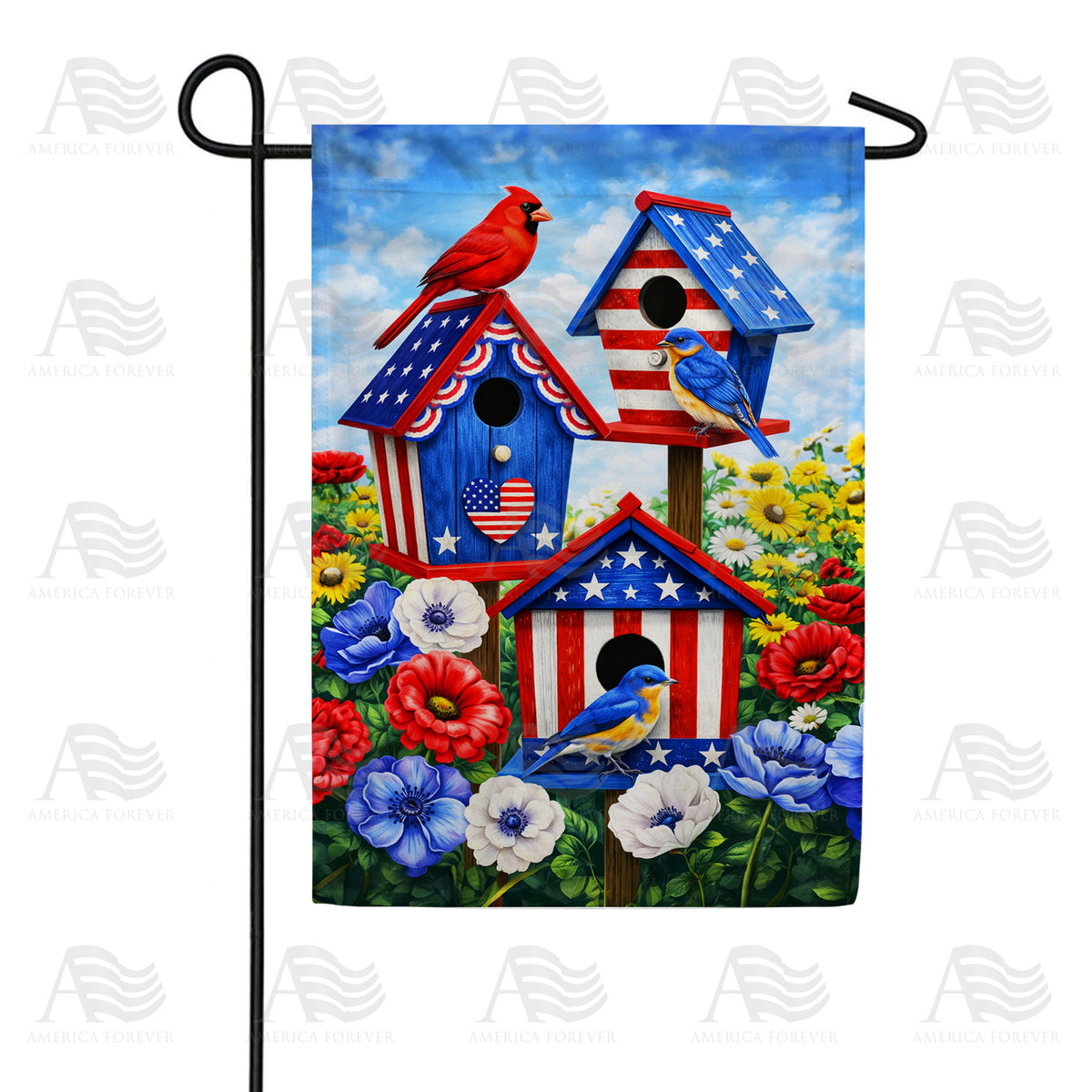 Patriotic Red Cardinals and Bluebirds Birdhouse Double Sided Garden Flag - 12.5" x 18"