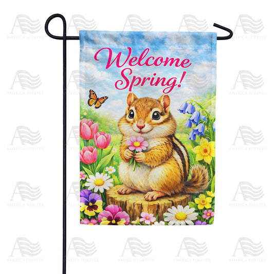 Welcome Spring Chipmunk with Flowers Garden Flag