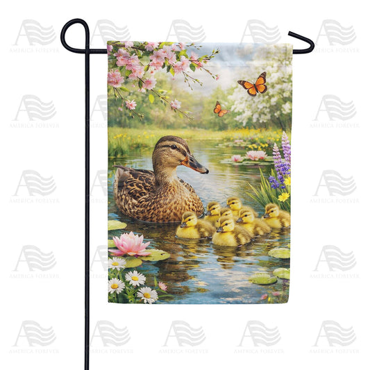 Mother Duck and Ducklings Spring Pond Scene Garden Flag
