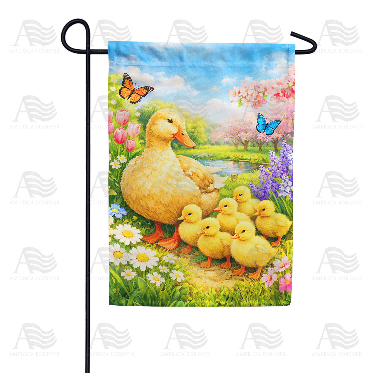 Spring Mother Duck and Ducklings with Butterflies Garden Flag