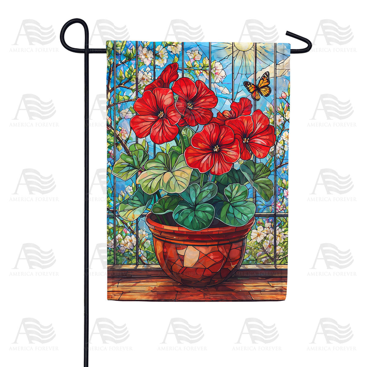 Stained Glass Red Geraniums and Butterfly Garden Flag