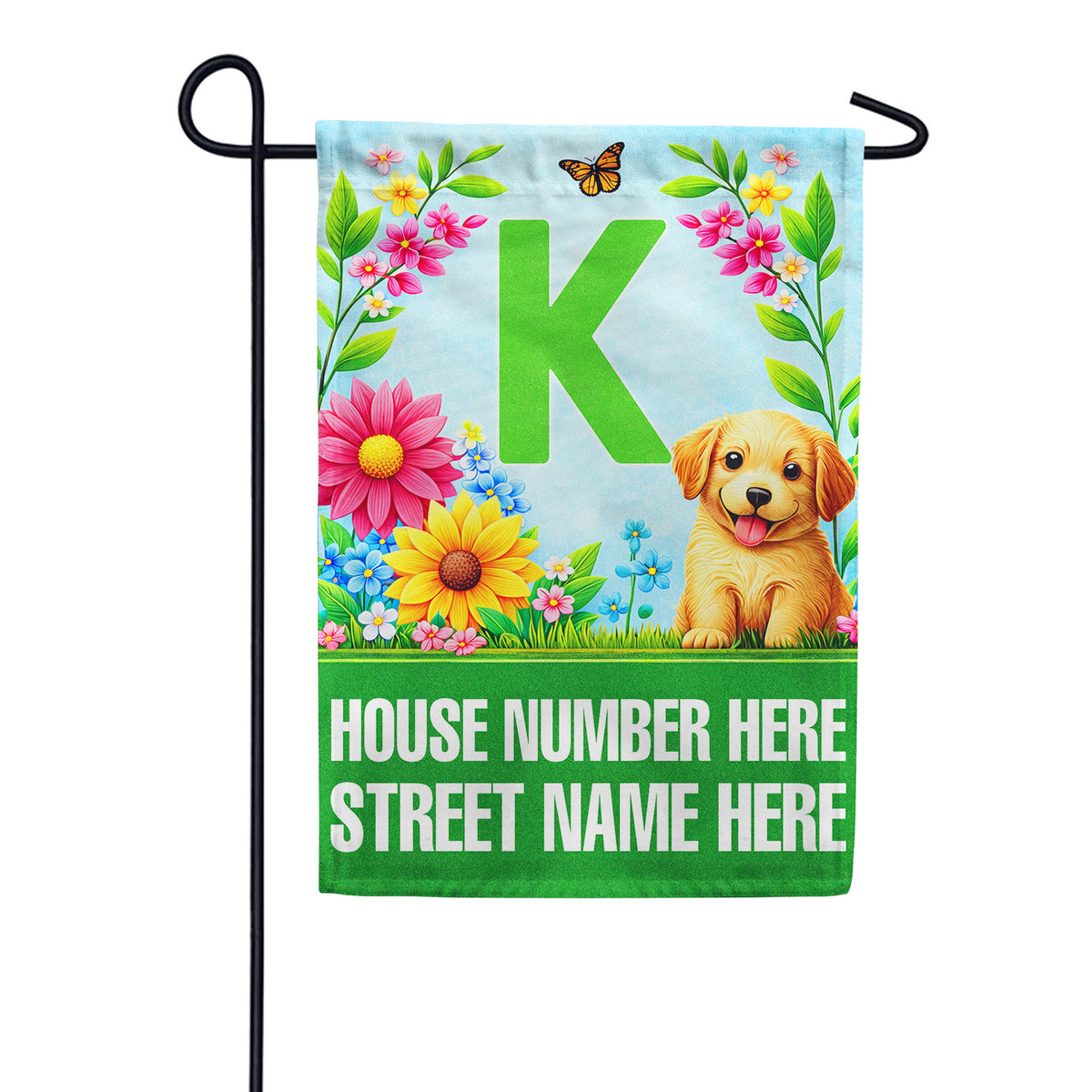 America Forever Personalized Address Sign Spring Puppy Floral Monogram Garden Flag
