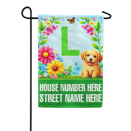 America Forever Personalized Address Sign Spring Puppy Floral Monogram Garden Flag