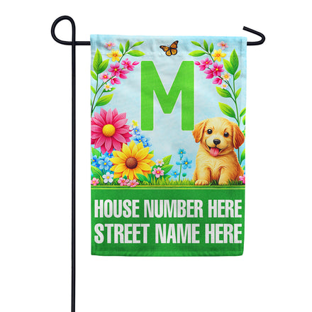 America Forever Personalized Address Sign Spring Puppy Floral Monogram Garden Flag