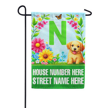 America Forever Personalized Address Sign Spring Puppy Floral Monogram Garden Flag