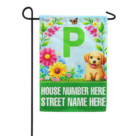 America Forever Personalized Address Sign Spring Puppy Floral Monogram Garden Flag
