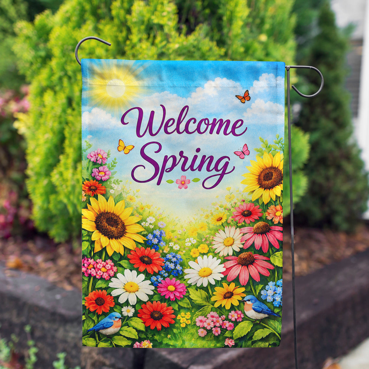 Welcome Spring Sunflowers and Butterflies Garden Flag