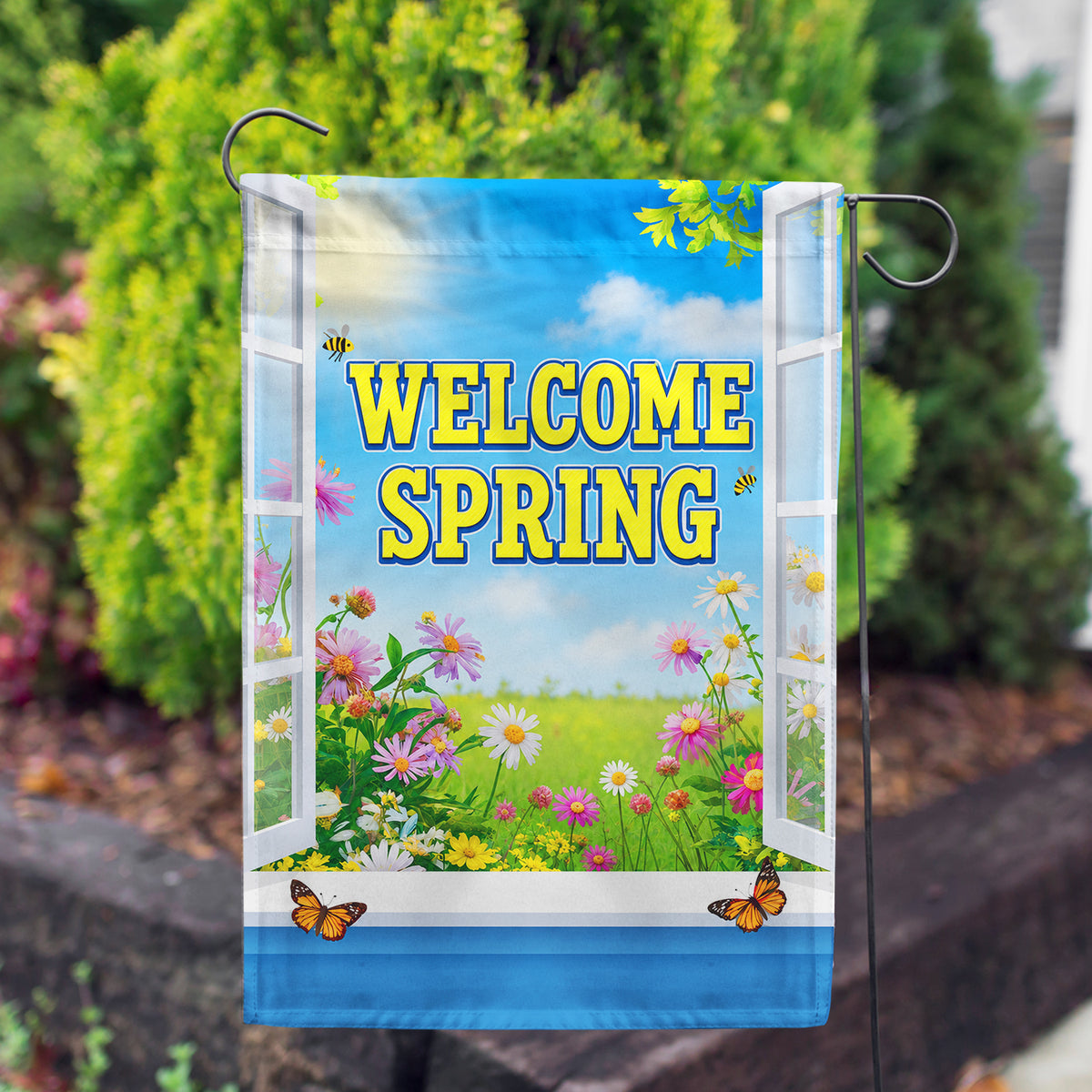 America Forever Welcome Spring Floral Window Scene Garden Flag
