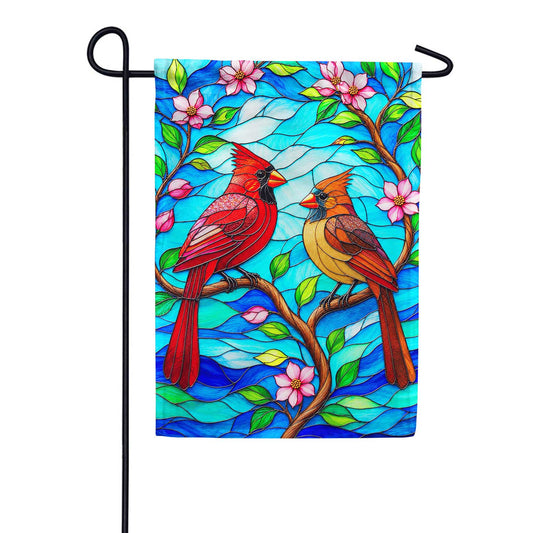 America Forever Stained Glass Cardinals with Pink Blossoms Garden Flag
