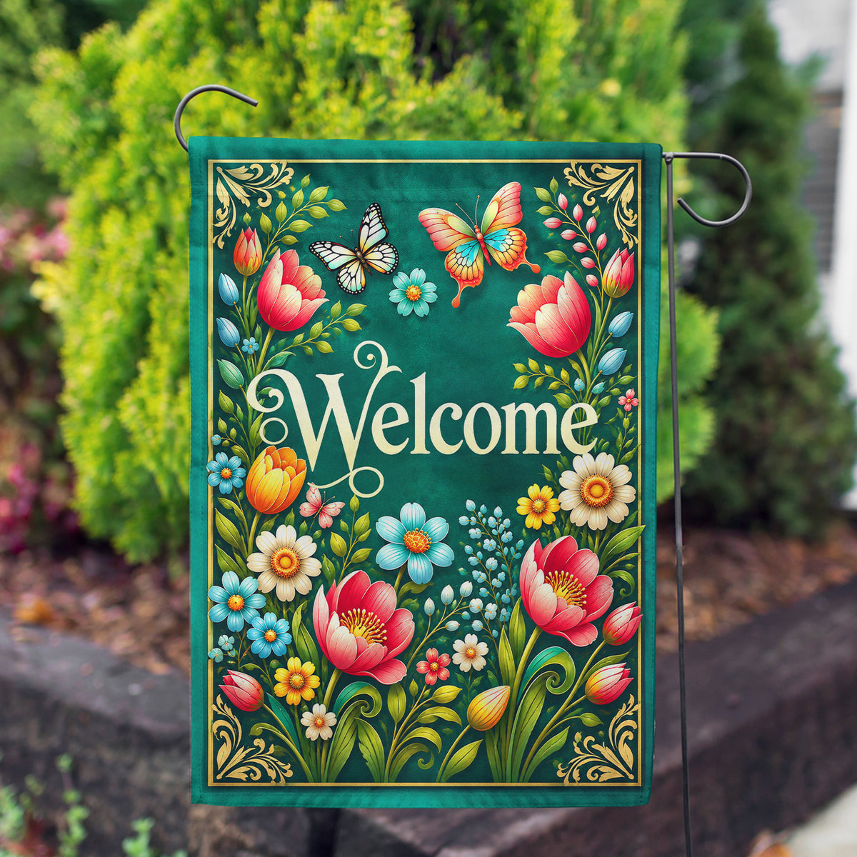 America Forever Welcome Spring Floral Butterflies Garden Flag