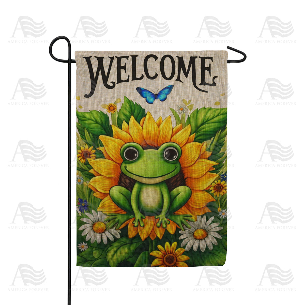 Welcome Frog Sunflower Double Sided Burlap Garden Flag