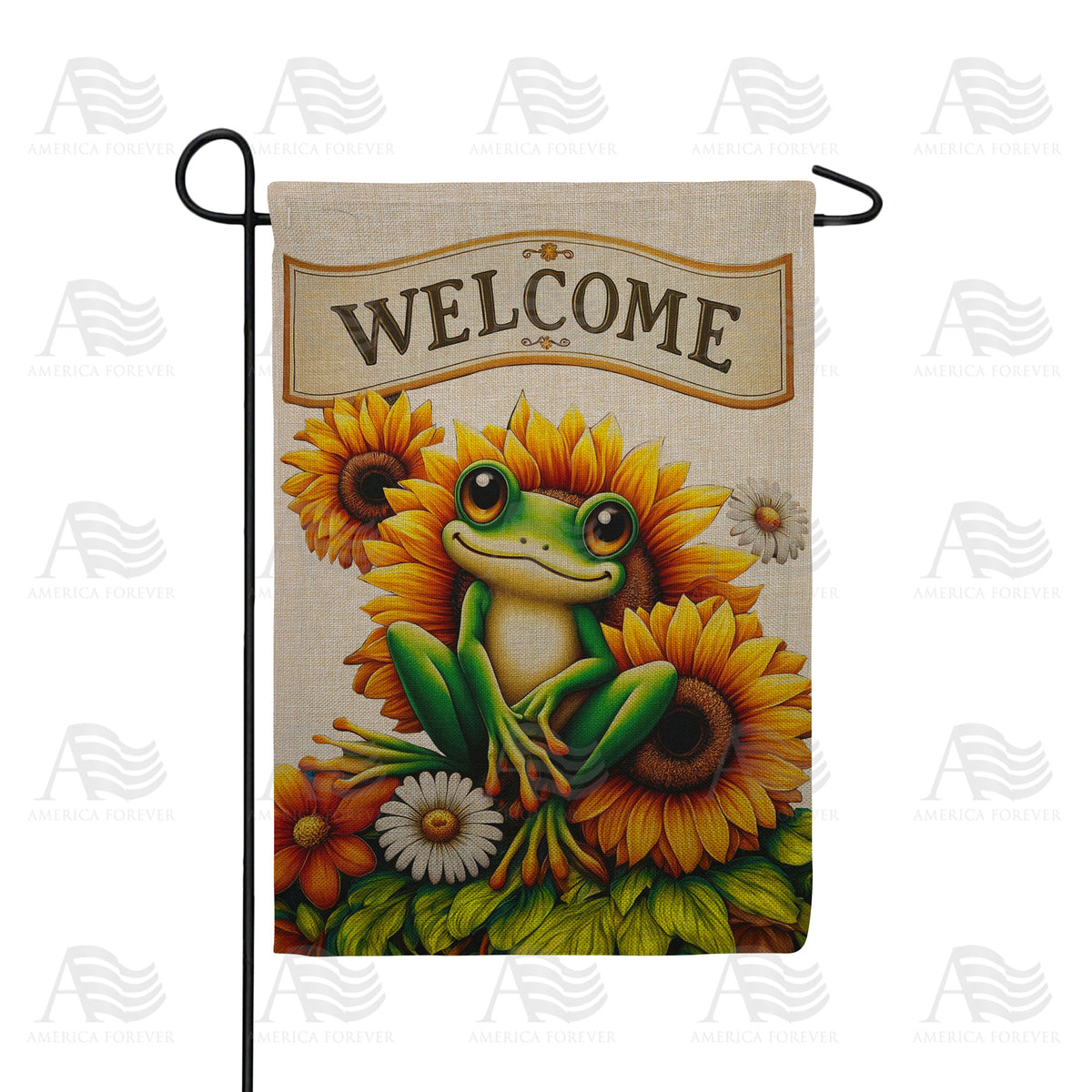 Welcome Frog Sunflowers Banner Double Sided Burlap Garden Flag